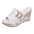 thumbnail image 6 of Platform Wedge Sandals Women Slip on Slides Buckle Strap Summer Fashion Dress Shoes Open Toe Suede High Heels White Size 6.5, 6 of 6