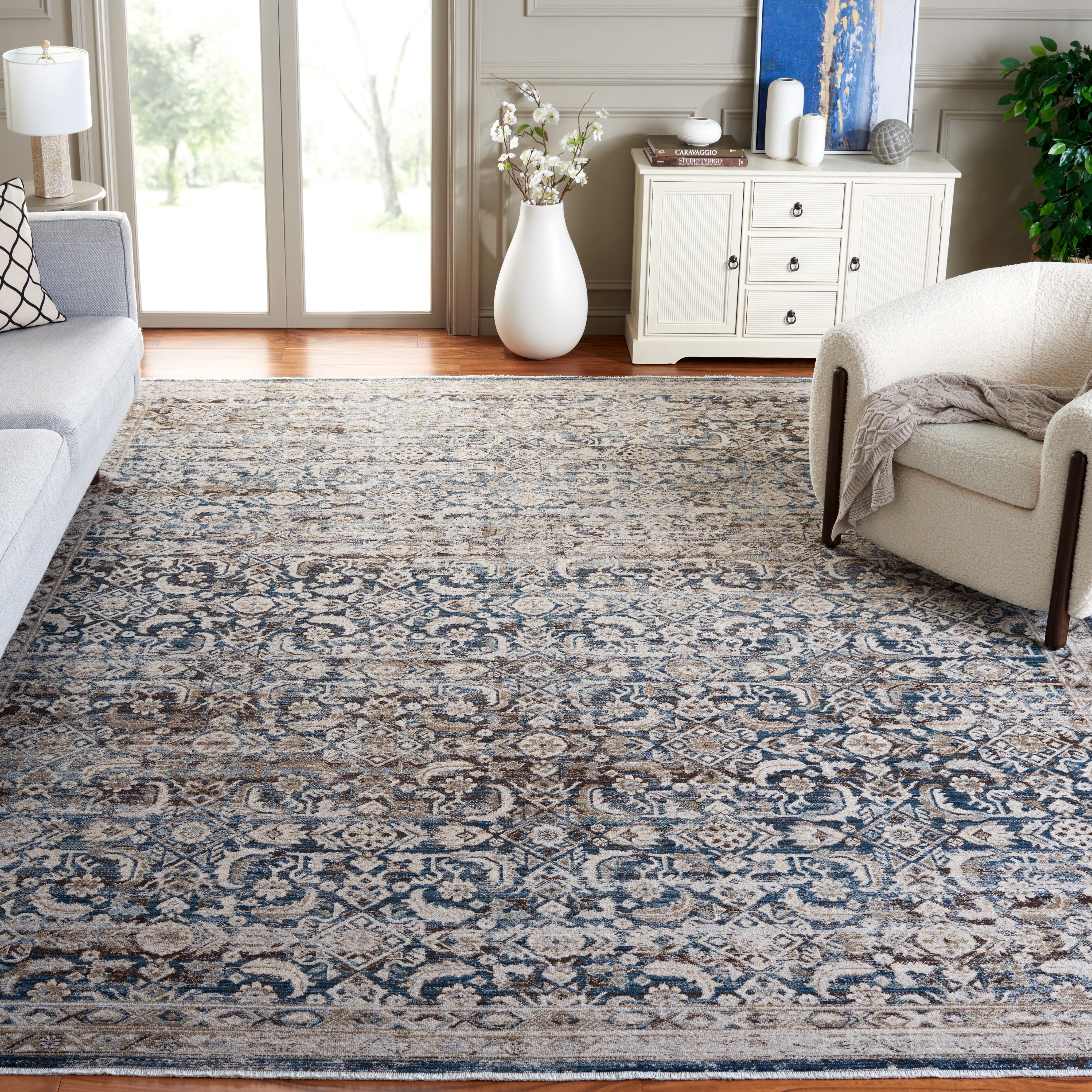 SAFAVIEH Antique Patina Crawford Moroccan Polyester Area Rug, Blue/Beige, 4' x 5'7"