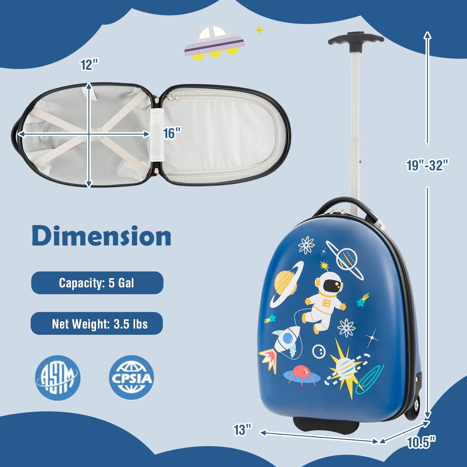 Infans 16" Kids Carry-On Luggage with Wheels w/ 2-Level Aluminum Handle Suitcase Blue