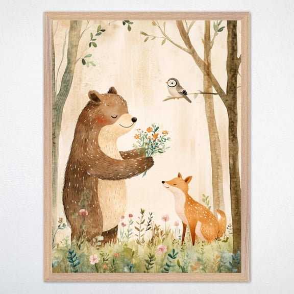 Forest Scene Decor Woodland Animals Nursery Wall Art Whimsical Bear And Fox For Kids Room Decor Forest Friends Wall Art Modern Wall Decor