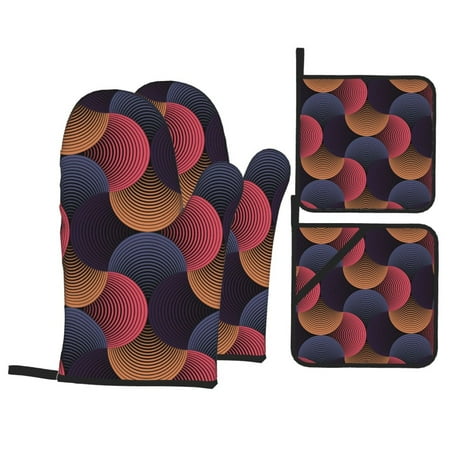 

Oven Mitts and Pot Holders Sets 4 pcs circular stripes Non-Slip Oven Gloves Potholders Soft Quilted Lining Heat Resistant Gloves Hot Pads for Kitchen Cooking Baking