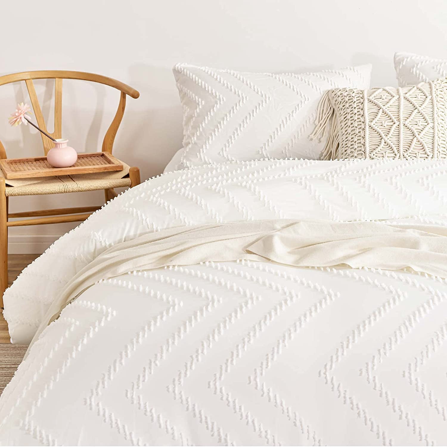 Seasonwood Queen Comforter Cover Set Microfiber Wave Bedding Duvet Cover 88'' x 90'' 3pcs White