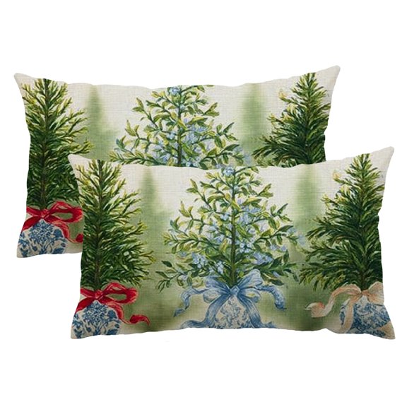 Qinduosi Chinoiserie Christmas Tree Blue Throw Pillow Covers 12x20 Inch Chinoiserie Winter Hanukkah Check Bow Tree Pillowcase Cushion for Holiday Home Decoration Set of 2 12x20inch