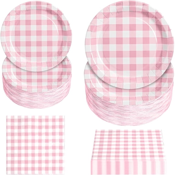 Pink Gingham Party Supplies Paper Plates and Napkins Disposable Tableware Set for Party Decorations Game Day Family Holiday Sports Events
