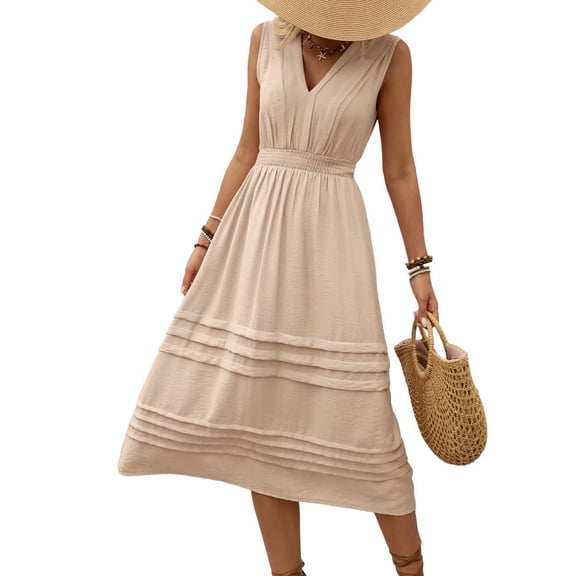 Women'S Vacation Solid Color Sleeveless V-Neck Elastic Waist Dress Apricot XL