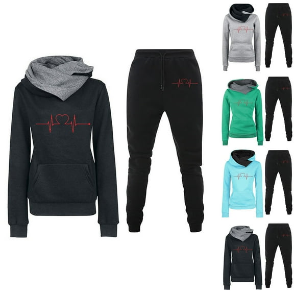 Ashirexll Womens 2 Piece Outfits, Womens Winter Sets, Fashion Fall Winter Sports Tracksuit Long Sleeve Printed Hoodie and Pants Set