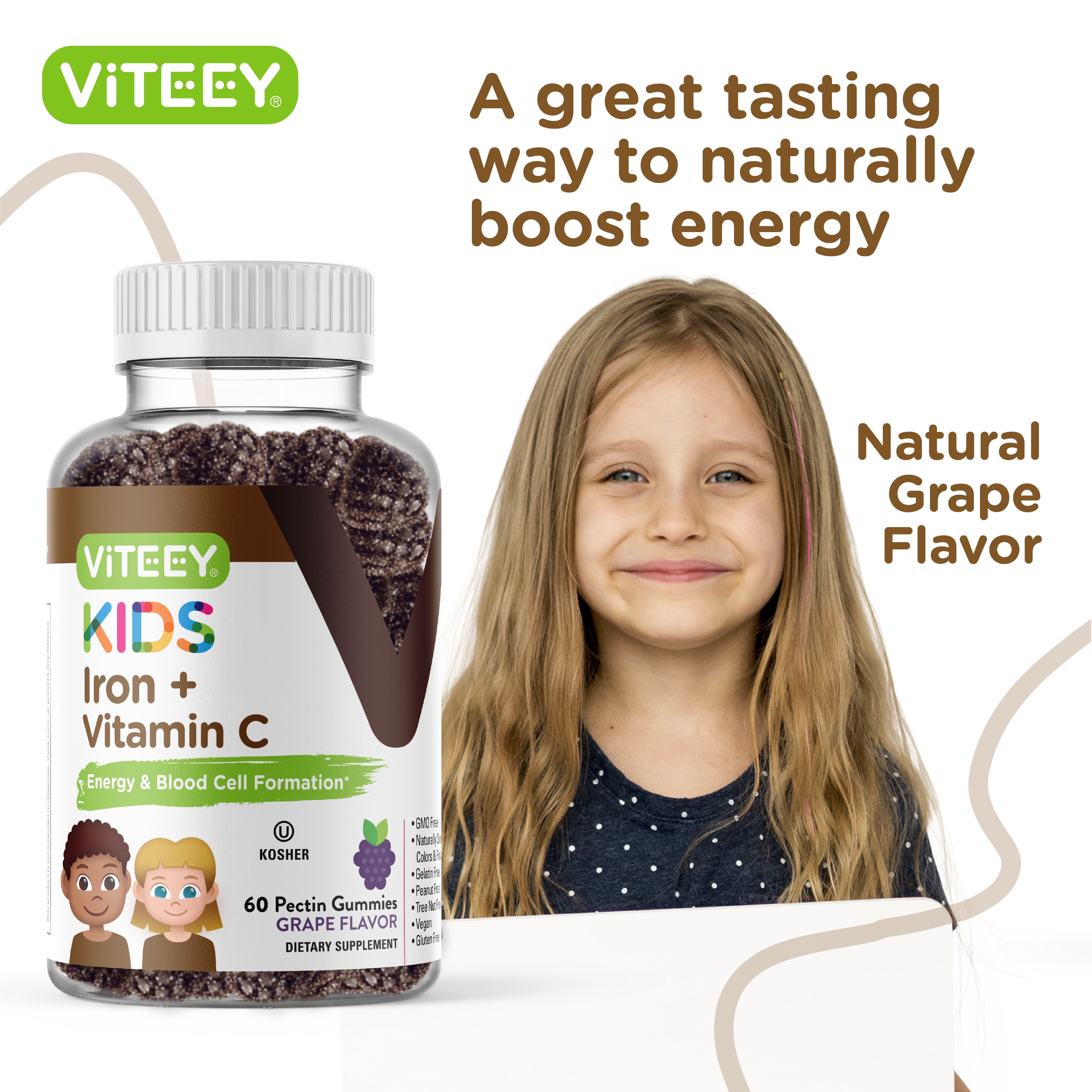 Viteey Iron Gummies for Kids with Vitamin C, Daily Iron Supplement, Grape Flavor, 120 Ct