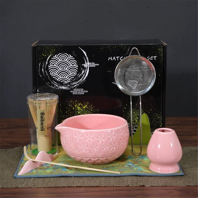 7pcs Matcha Whisk Set- Matcha Set includes Matcha Whisk and Bowl with Spout, Sifter, Holder and Scoop- The Perfect Bamboo Whisk for Matcha Tea (Pink Flowers)