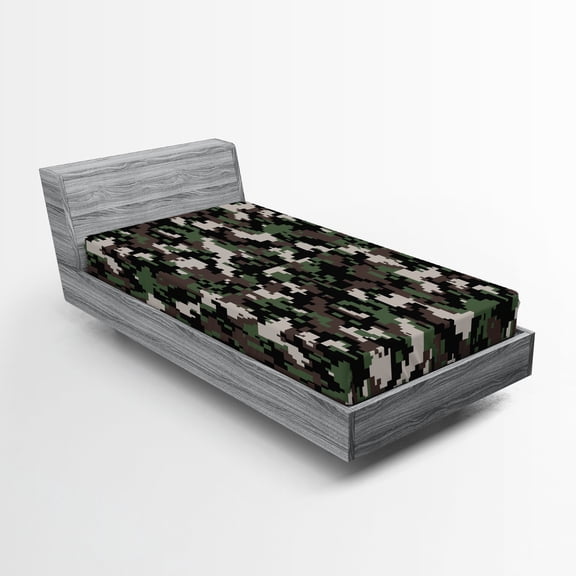 Ambesonne Camo Fitted Sheet, Pixelated Digital Abstract, Twin Size, Army Green Beige Brown