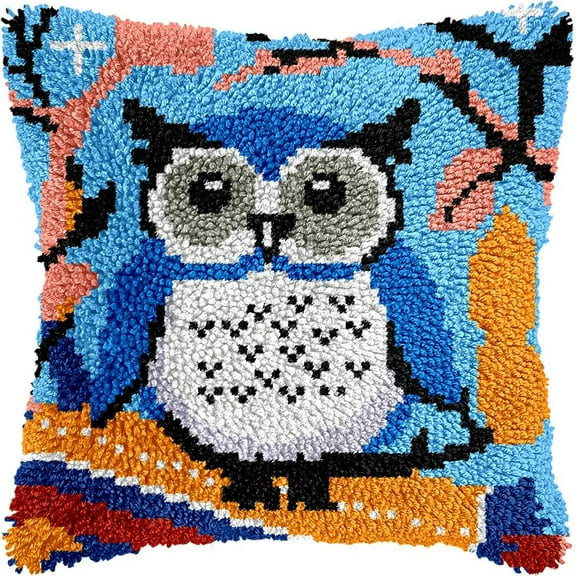 Owl Bird Latch Hook Pillow Cover Kits for DIY Handmade Throw Pillow Cross Stitch Latch Hooking Pillowcase Kits with Preprinted Color Pattern Canvas Crochet Yarn Kits 17''X 17''(5-230)