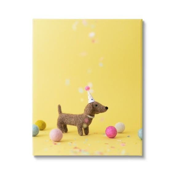 Stupell Yellow Dachshund Party Hat Dog Animals & Insects Photography Gallery Wrapped Canvas Print Wall Art