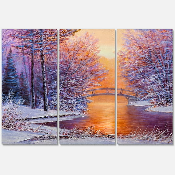 Designart ' Winter Landscape With Bridge Over The River ' Traditional Canvas Wall Art Print