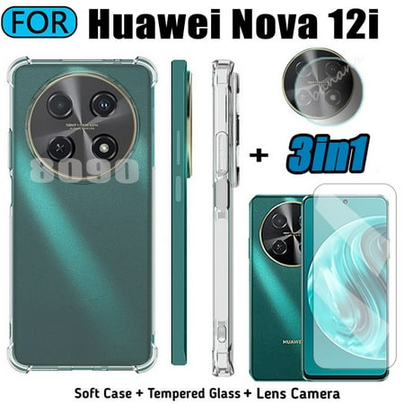 3in1 Huawei Nova 12i Transparent Soft Phone Case Huawei Nova 12S 12SE Honor X7B X8B X7A X8A Tempered Glass + Back Camera Lens Film
