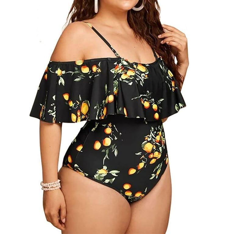 OAVQHLG3B Women s Plus Size Lemon Print Casual Swimsuit Short