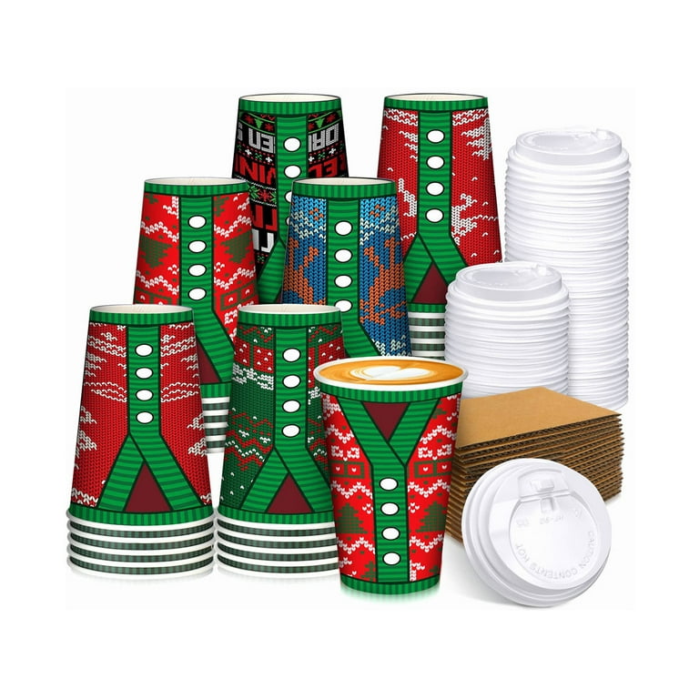 Christmas Paper Coffee Cups with Lids and Sleeves 16 oz Disposable Hot  Cocoa Party Paper Cups for Hot Chocolate Bar Accessories 