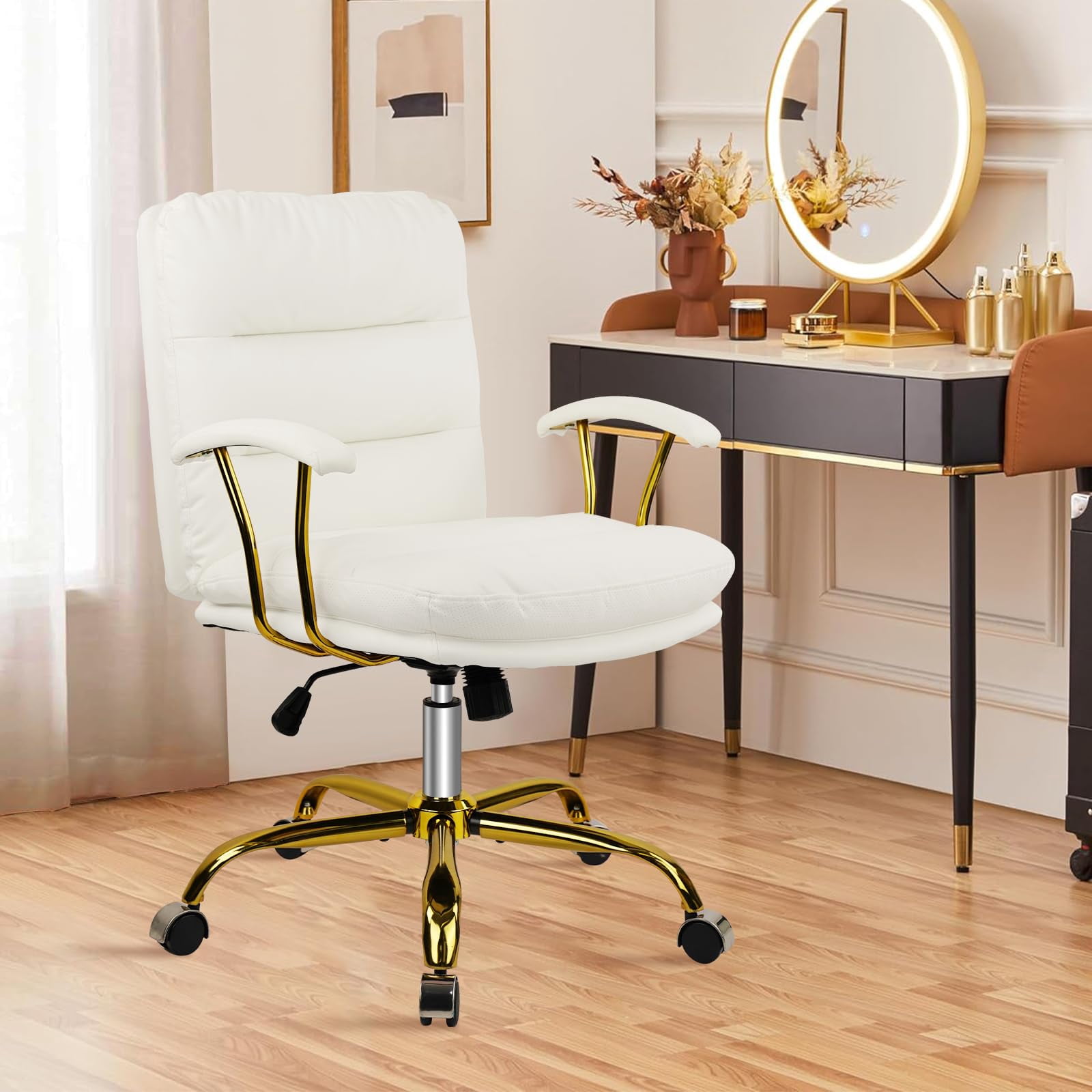 KLASIKA Leather Home Office Desk Chair with Wheels & Armrest, Mid Back Swivel Adjustable Computer Chair for Living Bedroom Office, White/Gold/300LB