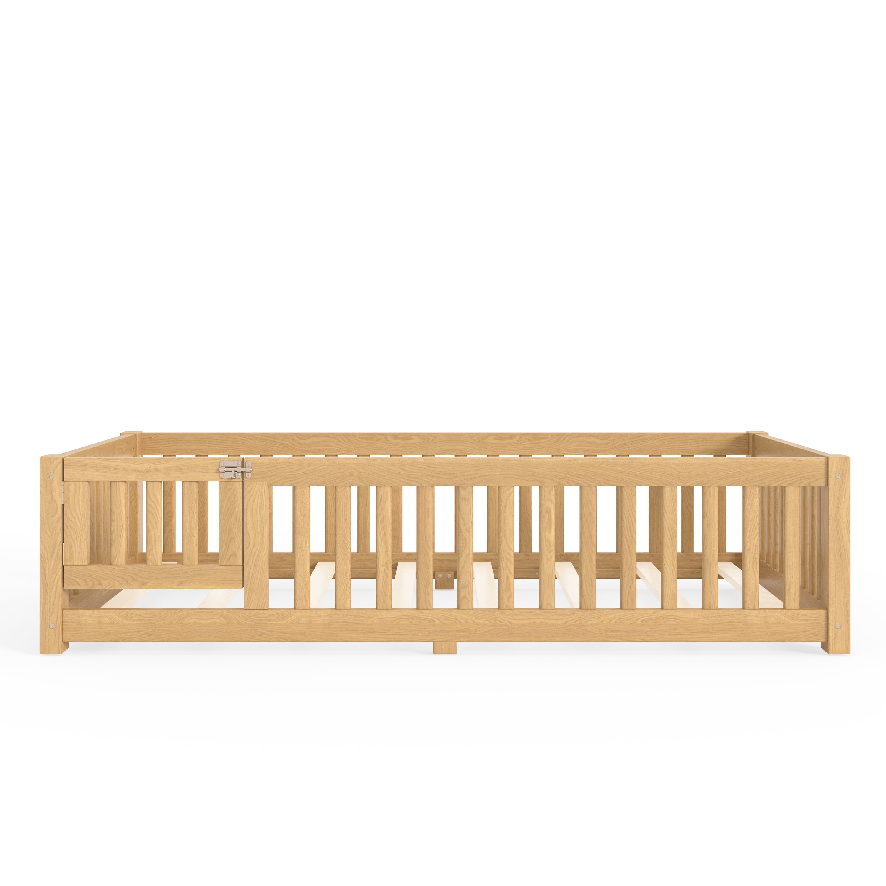 Twin Floor Bed 77.5 Inch, Solid Wood Bed Frame with Safety Guardrails and Door, Low Profile Montessori Bed for Kids Bedroom, Natural