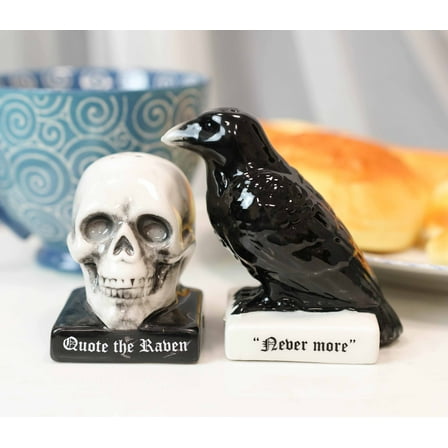Ceramic Quote The Raven Nevermore Skull Salt And Pepper Shakers Figurine Set