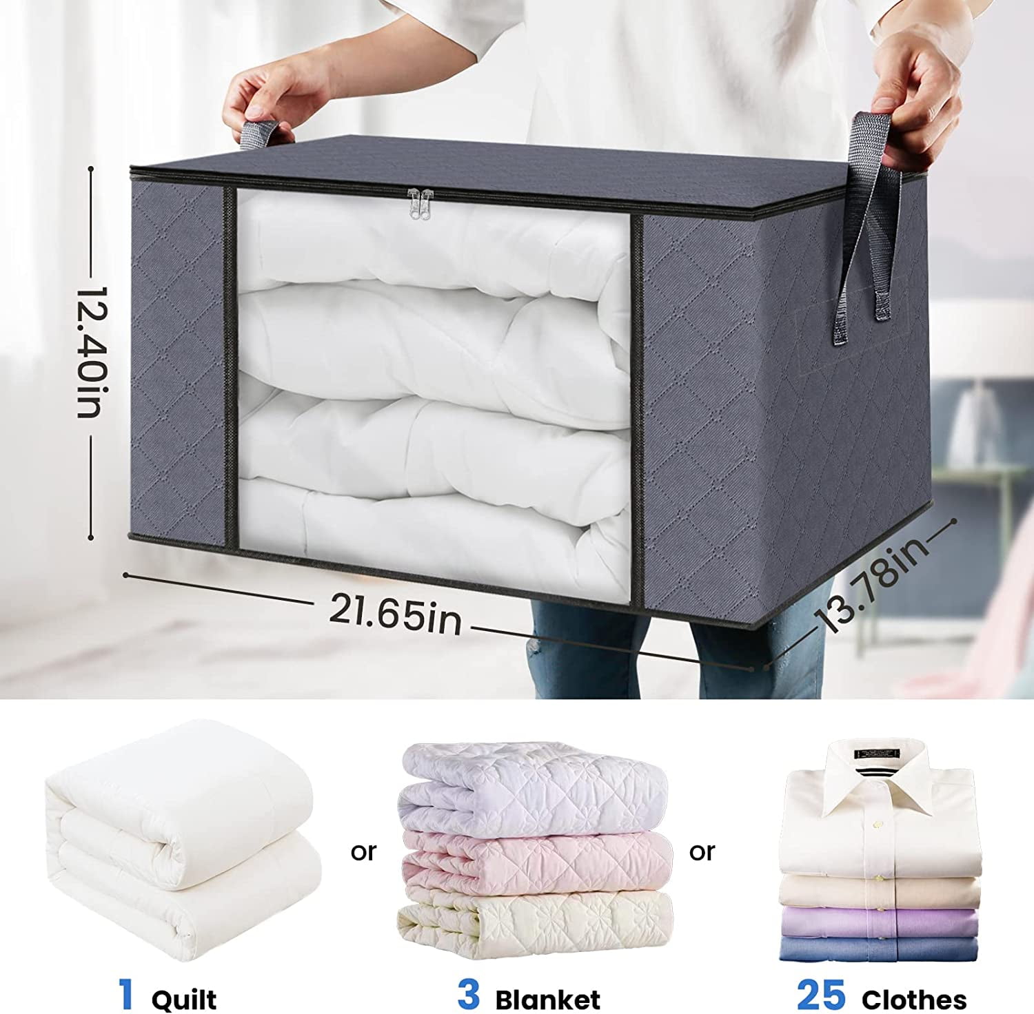 4-Pack Clothes Storage, Foldable Blanket Storage Bags, Storage Containers for Organizing Bedroom, Closet, Clothing, Comforter, Organization and Storage with Lids and Handle,Grey