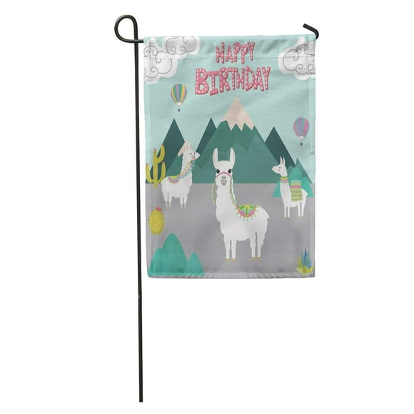 JSDART Alpaca Happy Birthday Cute Lama Drawing Air Balloon Cactus Garden Flag Decorative Flag House Banner 28x40 inch