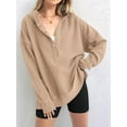 thumbnail image 6 of Women'S Oversized Long Sleeve Hoodie Button-Down V-Neck Sweatshirt Side Slit Casual Pullover Top Khaki L, 6 of 9