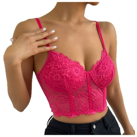 Wenyuyu Lace Corset Tops For Women Adjustable Spaghetti Strap Sheer Crop Camisoles Summer Sexy V Neck Trendy Blouses Hot Pink L