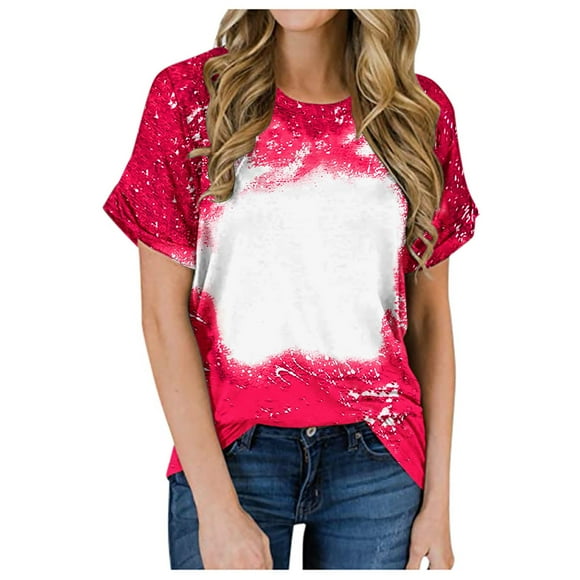 CFLVAEK Sublimation Blank Shirts for Women Casual Bleached Short Sleeve Blouses Loose Fitted Round Neck Going Out Tunics