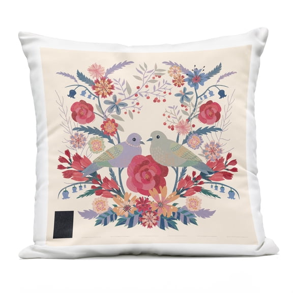 Stupell Industries Symmetrical Folk Flowers & Birds Design by Verbrugge Watercolor Outdoor Printed Pillow