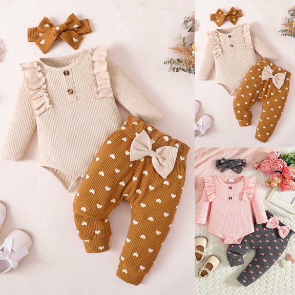 Pandaie Cute Baby Girl Clothes Outfit Long Sleeve Romper Bodysuit Heart Polk Dot Leggings 3 Pcs Set Fall Winter Home Jumpsuit Beige,9-12 Months