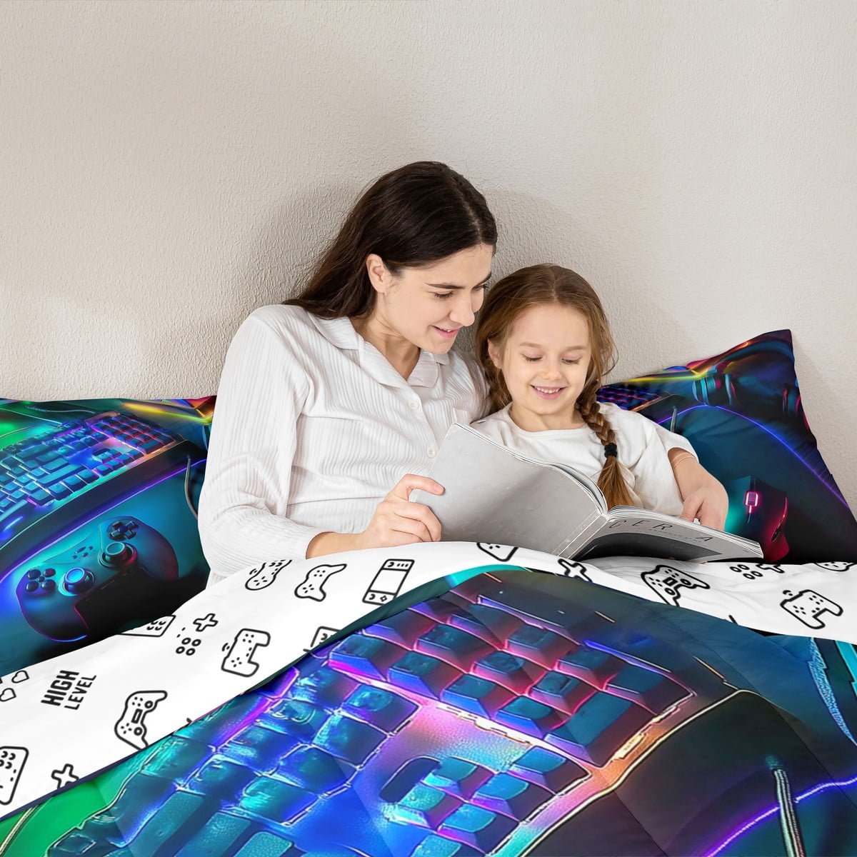 Erosebridal Gaming Bedding Set,Headset Mouse Keyboard Gamepad Pattern Down Comforter King Size ,Gamer Player Themed Comforter Set,Soft Home Bedroom Decorative