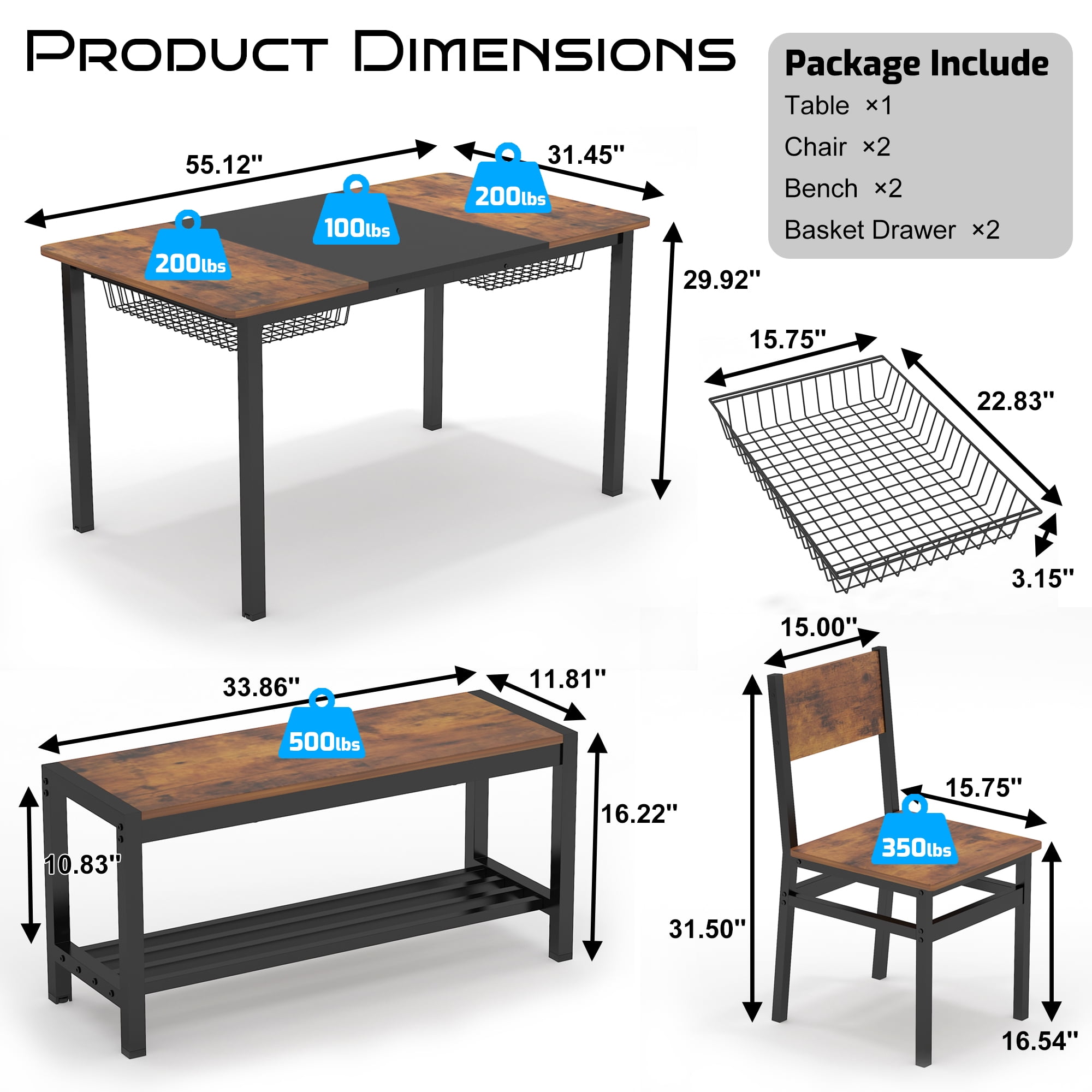 NAIYUFA Dining 5 Pieces Table Set,One Large Table ,2 chairs and 2 Benches for 4-6 people,Wood Brown Sets with Storage Rack