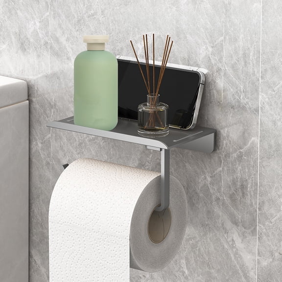 Fmxomd Toilet Paper Holder with Phone Shelf Adhesive Wall Mount Toilet Tissue Roll Holder - Multifunctional Plastic Bathroom Storage Dispenser - Brushed Gray
