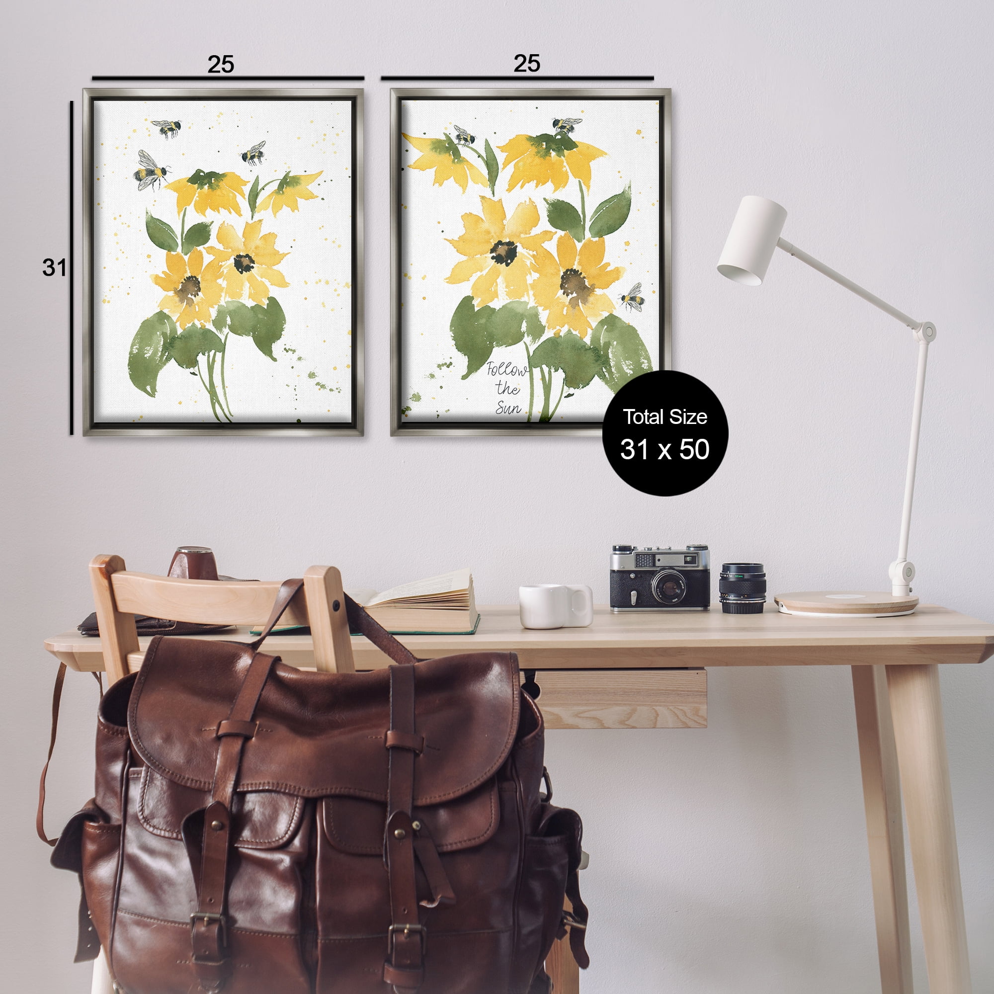 Stupell Industries Follow the Sun Flowers Plants & Flowers Painting Gray Floater Framed Canvas Art Print Wall Art, 31 x 25, Set of 2