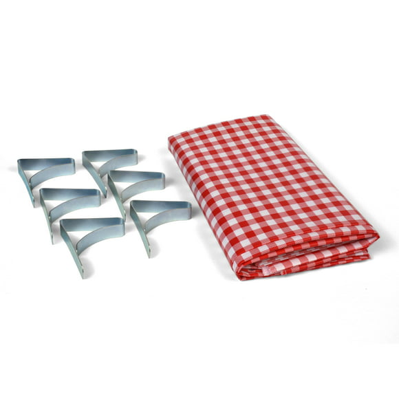 Coghlan's Picnic Combo Pack, Red and White Checkered 54 x 72 Vinyl Tablecloth & 6 Stainless Steel Tablecloth Clamps