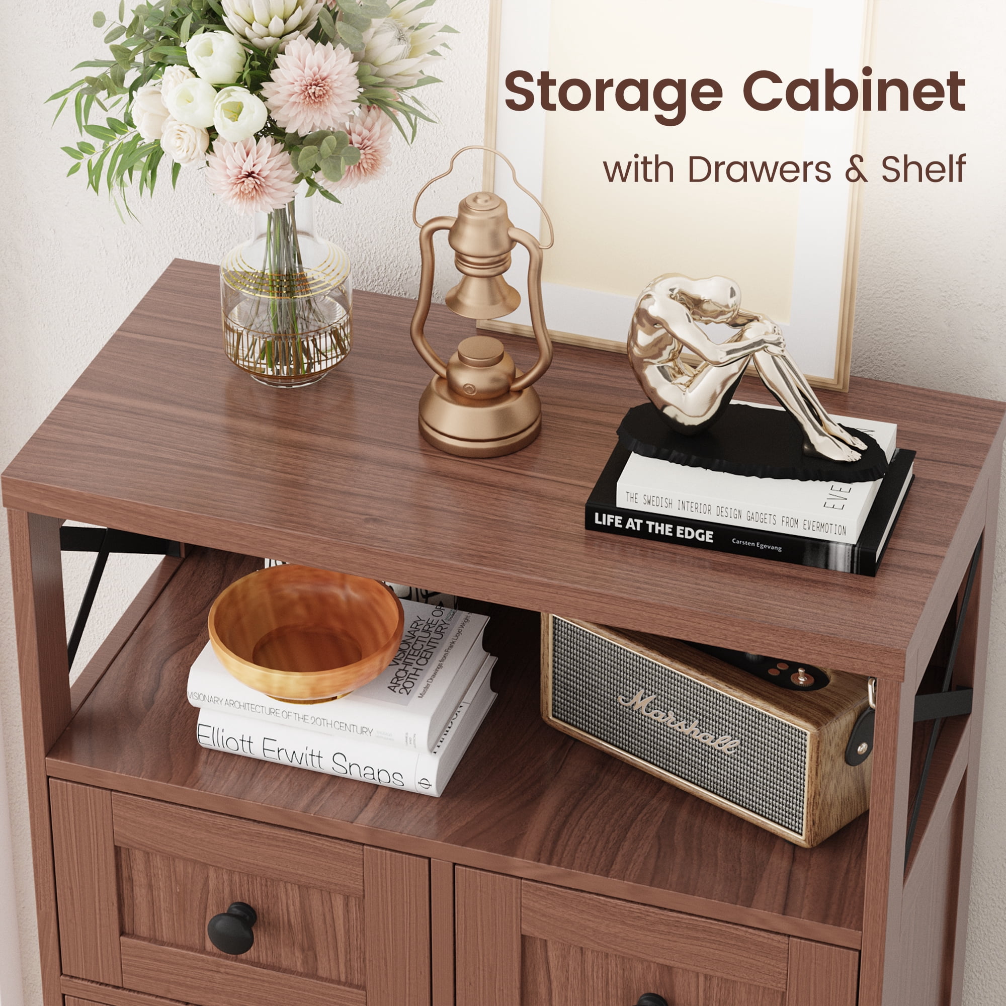 Pantry Cabinet, 43" Kitchen Pantry Storage Cabinet with Open Shelf , 2 Drawers, Adjustable Shelves, Dark Brown