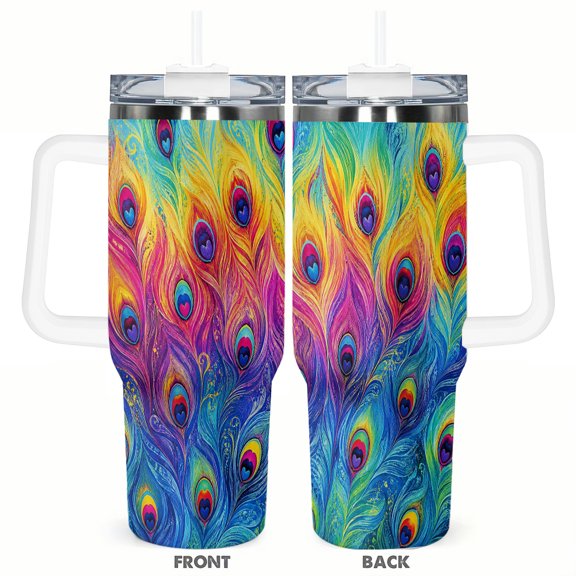 40oz Peacock Feather Rainbow Insulated Car Cup Tumbler Travel Coffee Cup with Lid Gift for Women Men Festival Present