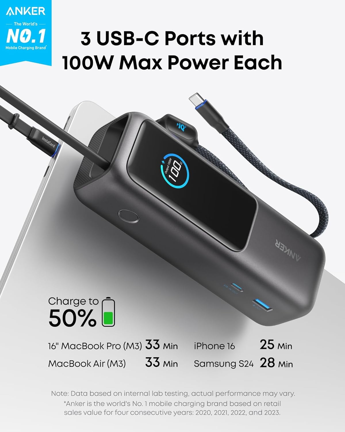 Anker Power Bank, 25,000mAh Portable Charger, 165W with Built-in
