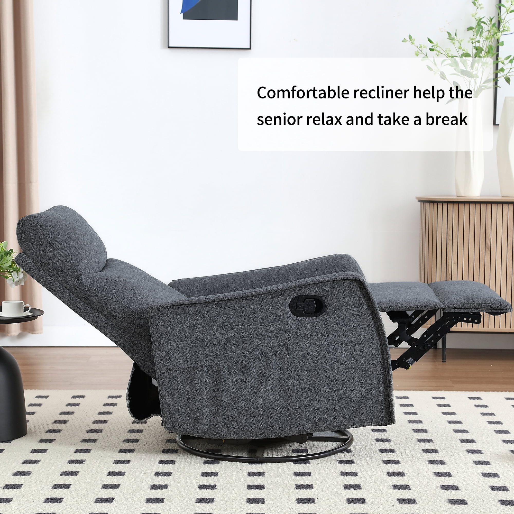 JXXRZ Heated Massage Swivel Rocker Recliner Chair w/ Manual Recline & Breathable Fabric, Grey