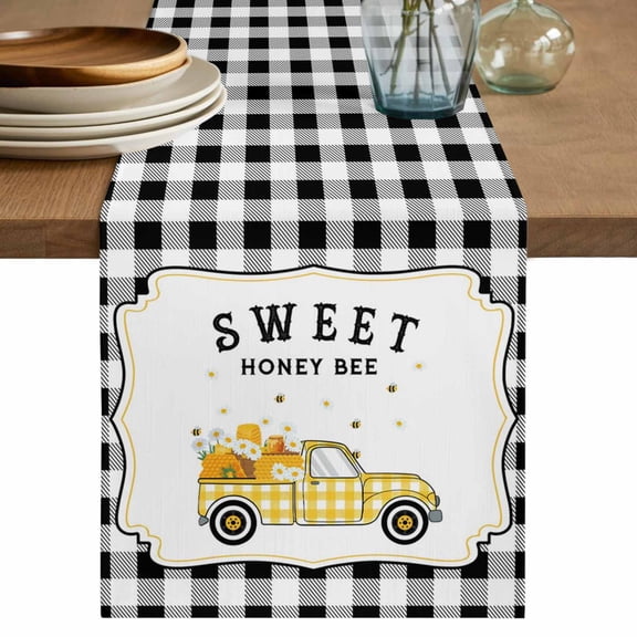 Table Runner 70 Inches Long for Kitchen Dining, Yellow Truck Dresser Scarf Farmhouse, Dining Table Decorations for Wedding/Parties, Spring Bees Honey Daisy Black Lattices 13 x 70 In