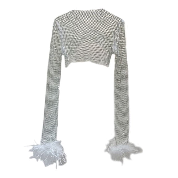 YM YOUMU Women Mesh Sheer Blouse Shiny T-shirts Hollow Out Net Crop Tops