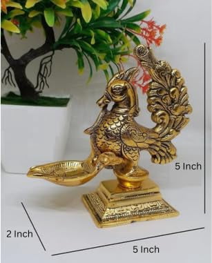 Decorative Diya Deepak Pooja Peacock Design Puja Item Brass Oil Lamp for Pooja Aarti Diya Lighting Pooja Kit Lanterns Lamps Indian Traditional Festival Diwali Decorations(Size-Height:-4") (Peacock-2)
