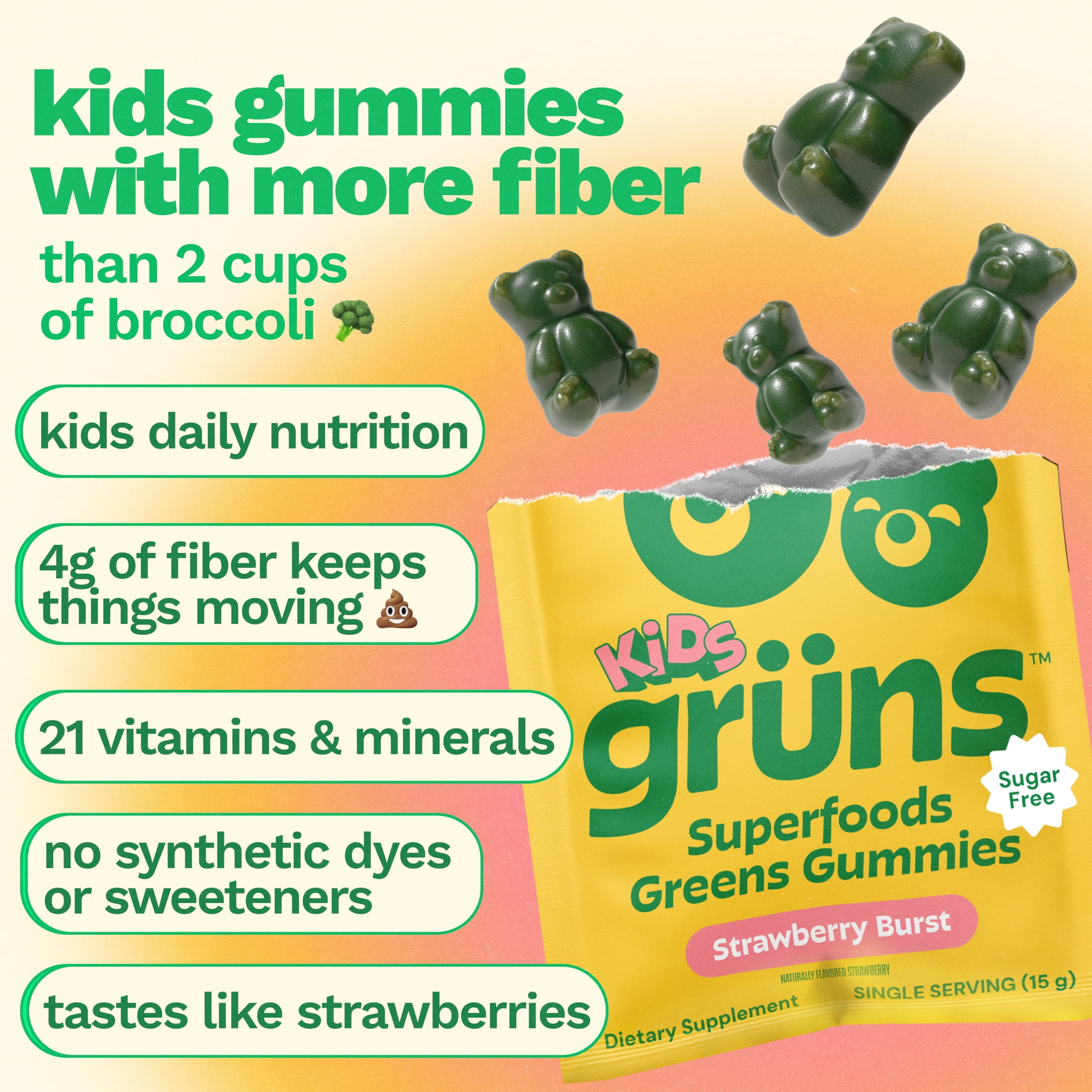 Gruns Kids Sugar Free Superfood Greens Multivitamin Gummies for Ages 2+, 12 Count