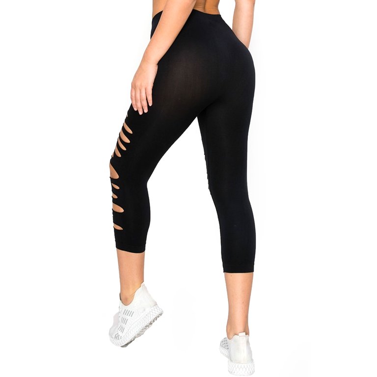 Women Seamless Capri Leggings Ripped Slit One Size Stretch Pant