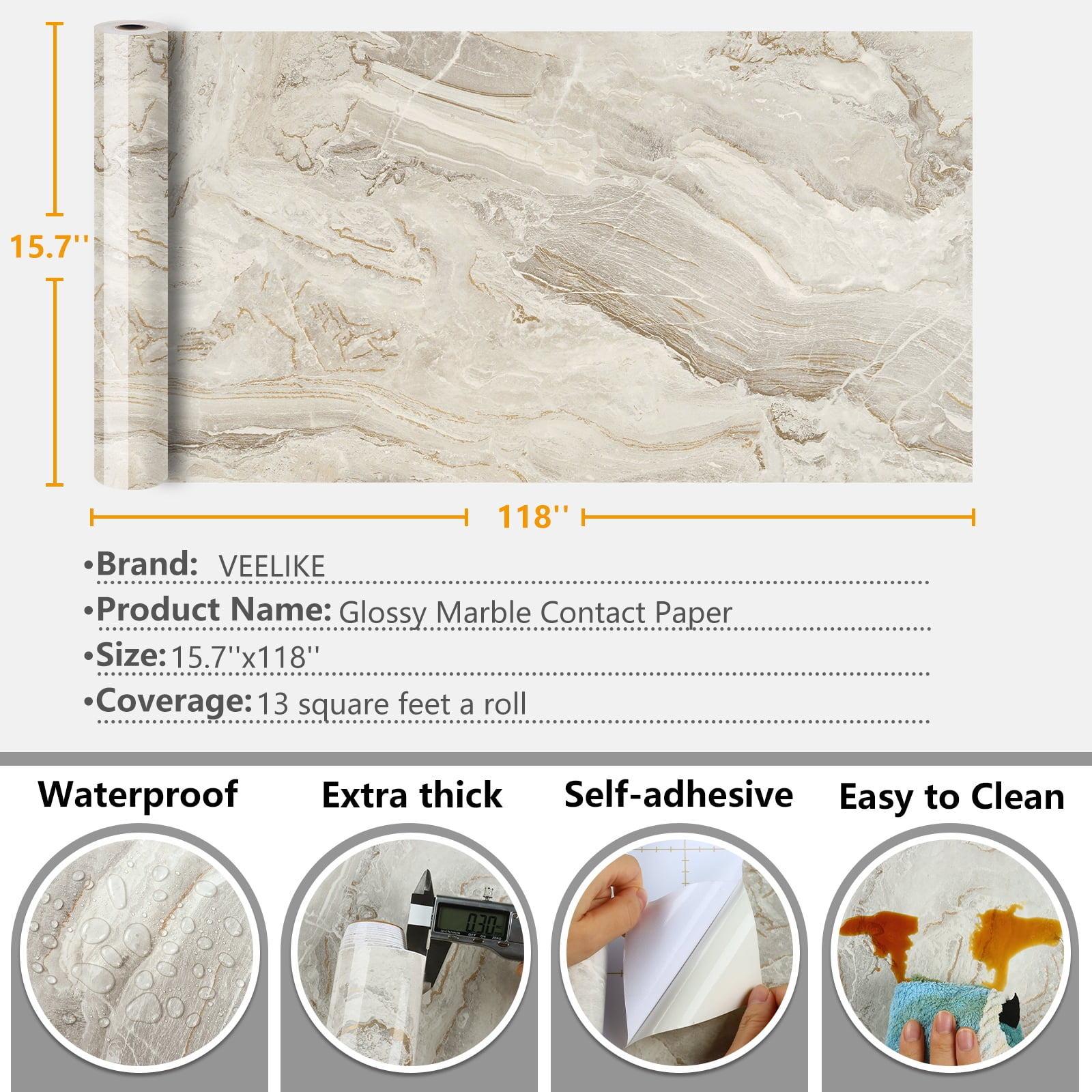 VEELIKE 15.7''x118'' Beige Gold Liquid Marble Contact Paper for Countertops Peel and Stick Waterproof Kitchen Countertop Paper Self Adhesive Marble Wallpaper Vinyl Roll for Bathroom Bedroom Table Wall