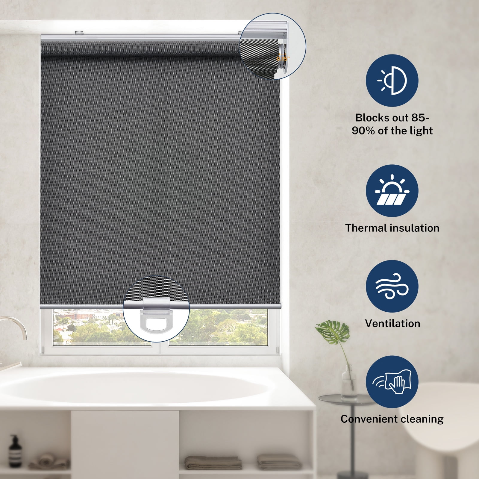 Keego Light Filtering Cordless Roller Shades for Window Blind with Thermal Insulated Window Shades Blinds for Home Door, Black 34"W X 48"H