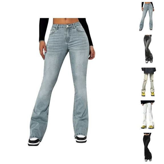 Flared Jean Pants for Women 2025 High Waisted Retro Denim Pants with Pockets Slim Fit Casual Trousers