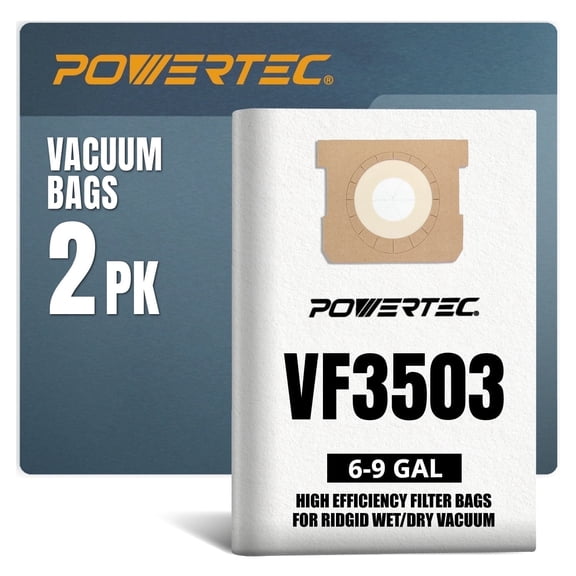 POWERTEC 2PK VF3503 Size B Shop Vac Bags for Ridgid, 6-9 Gal. 40153 Vacuum Bags for Ridgid HD9000 & Workshop WS32090F2 Wet Dry Vac (75016)