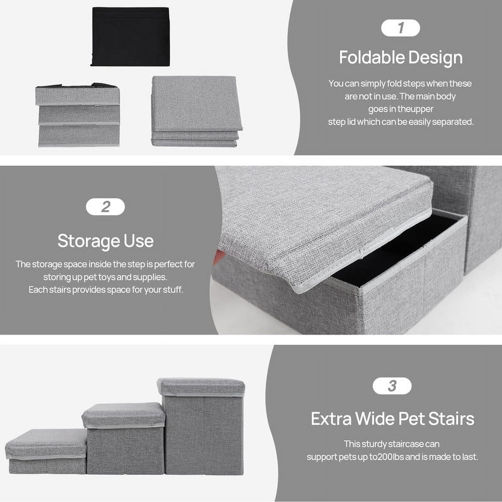 Walnest Pet Stairs 3-Step Dog Step Stairs Pet Ladder Cover Removable Comfortable Dog Ramp with Storage Boxes,Folding Dog Ramp Stairs for Beds Couches,Gray