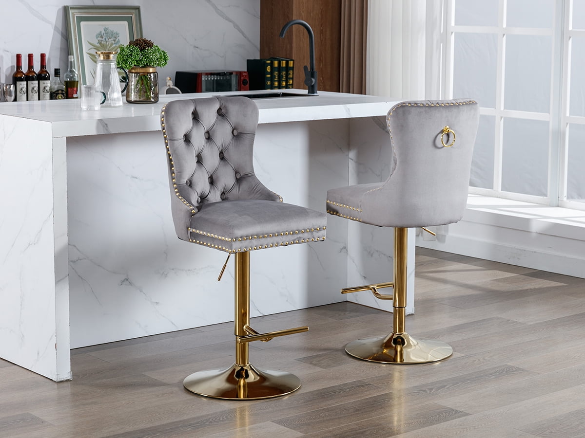 Grey Velvet Swivel Bar Stools Set of 2 with Upholstered Back, Adjustable Counter Height Barstools, Bar Chairs for Home Bar Kitchen Island Pub Restaurant (2 Pcs, Gray)
