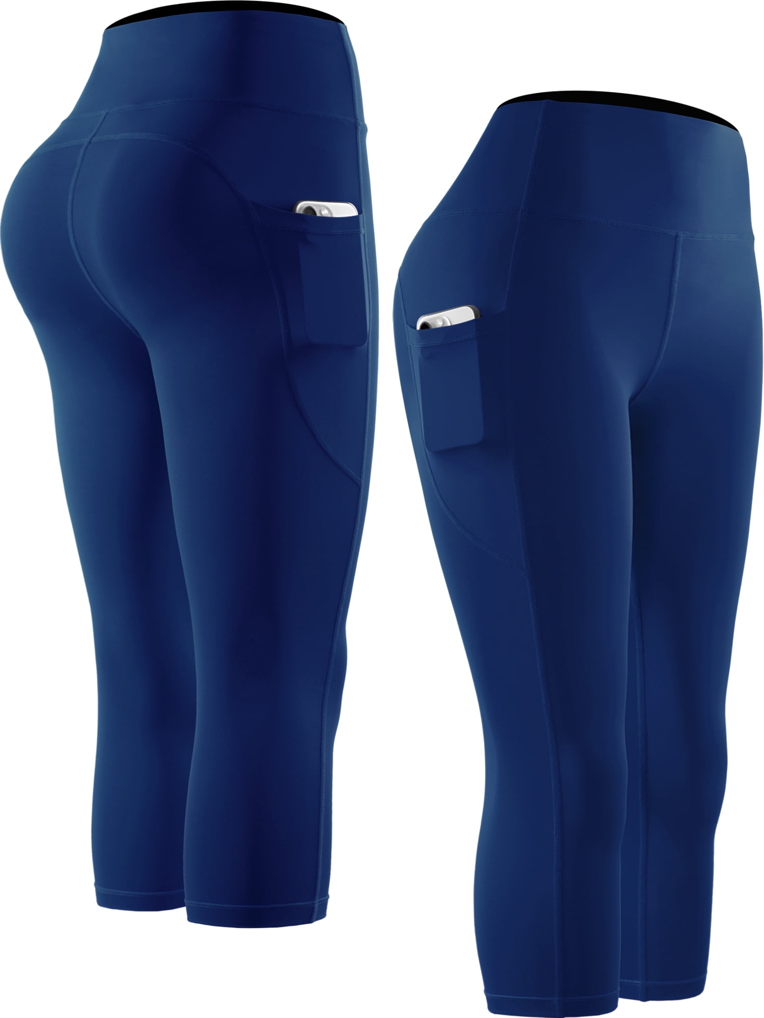 NELEUS Womens High Waist Capri Yoga Leggings Cropped Pant for Workout with Two Pockets,Navy Blue,US Size L